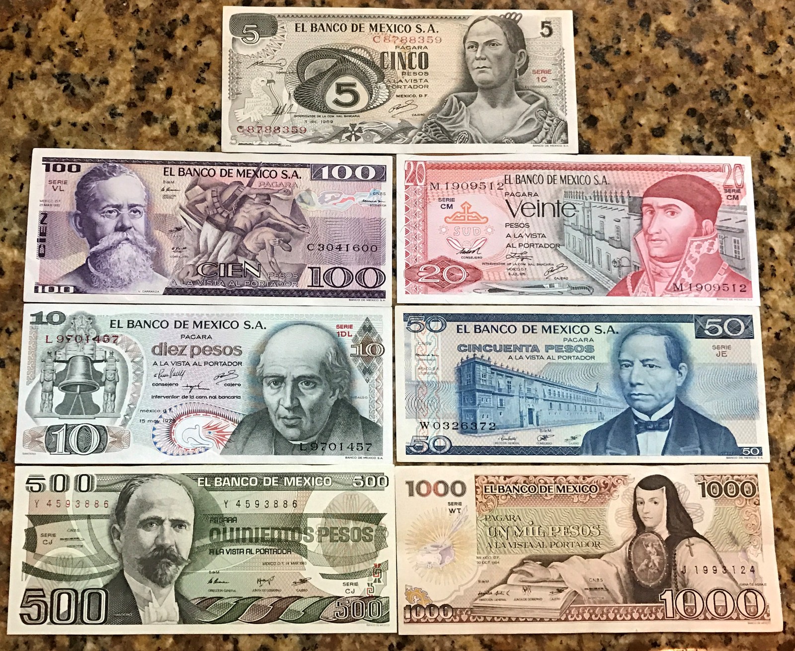 7 billetes Banco de Mexico 1970-1980 5,10,20,50,100,500 y 1000  Sin Circular
