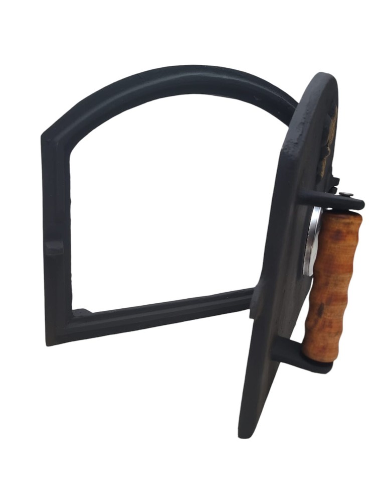 Wood-fired oven door with left handle