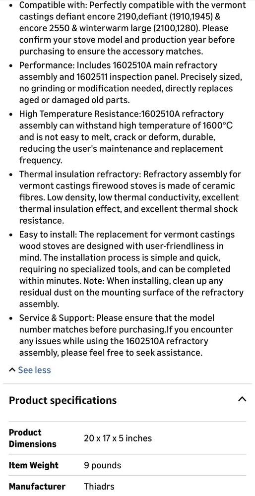 Refractory Assembly with Access Panel for Vermont Castings Defiant Encore Series