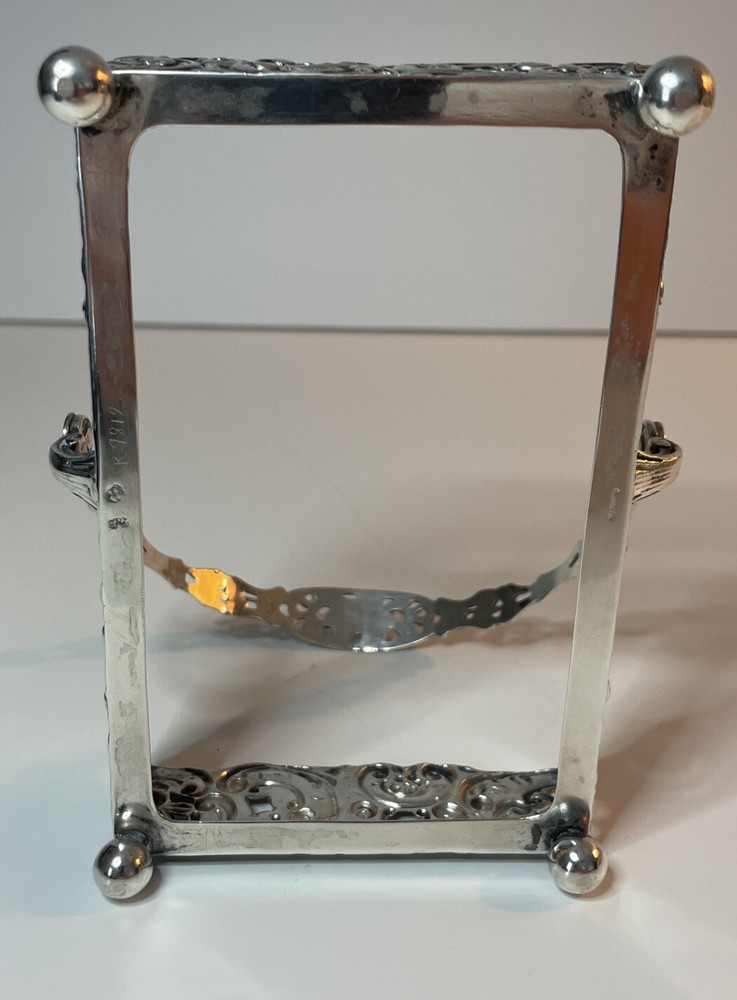 Germany Sterling Repousse Basket Etched Glass Insert Rectangular Swing Handle