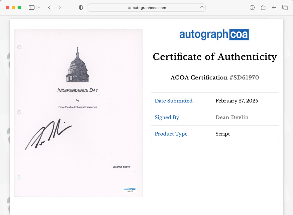 DEAN DEVLIN SIGNED FULL 137 PAGE INDEPENDENCE DAY SCRIPT ACOA AUTOGRAPH COA