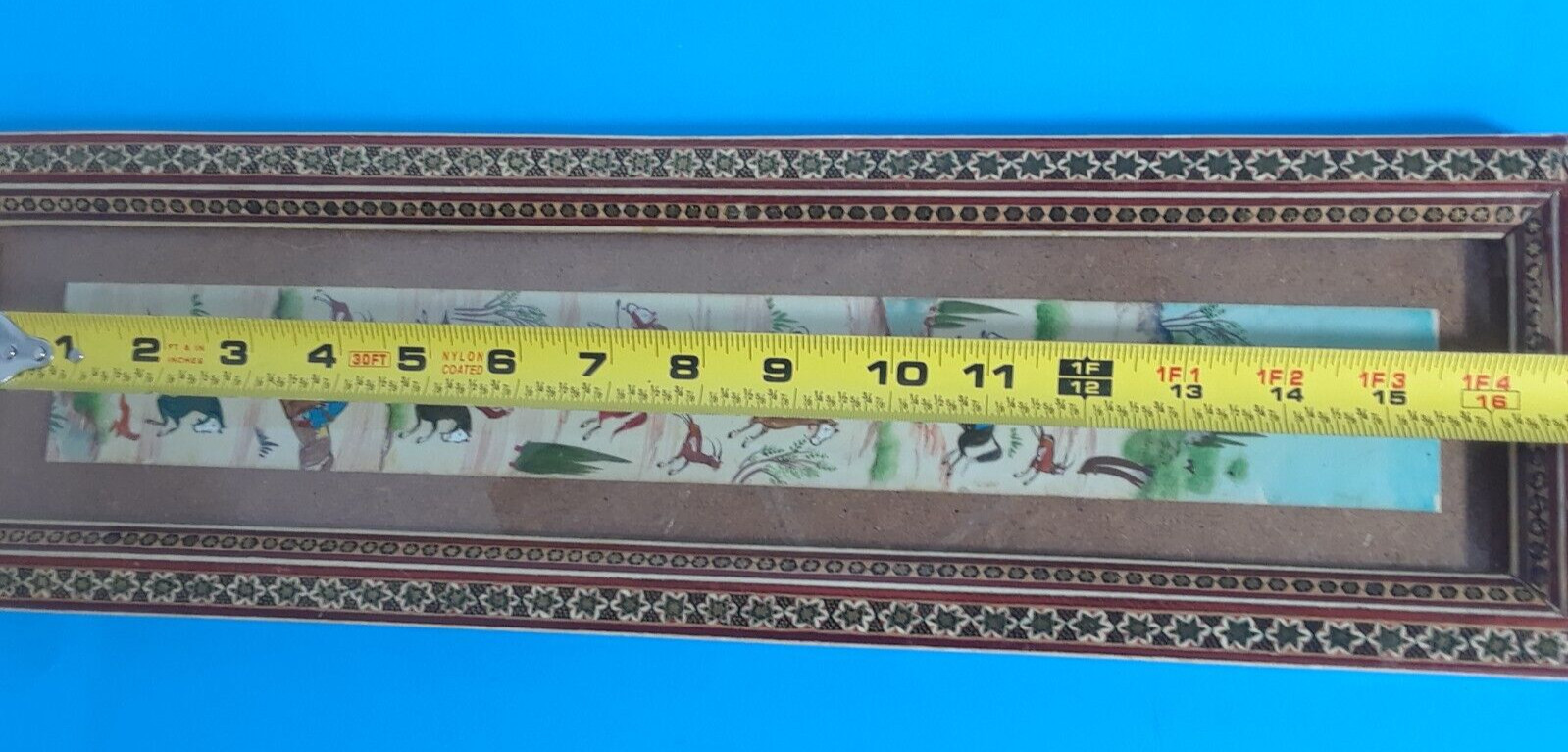 Chinese Scroll Warrior Horses Enamel and Wood Frame 19 3/8 x 5.5