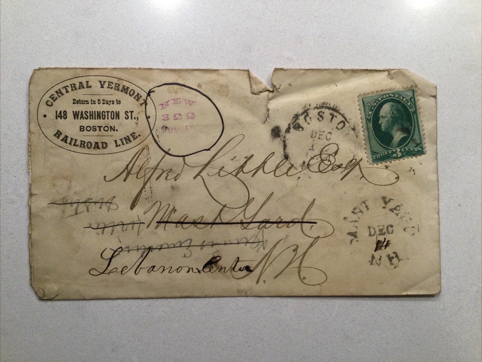 Rare 1880s Central Vermont Railroad Line Mast Yard NH Cancel 3c Postal Cover