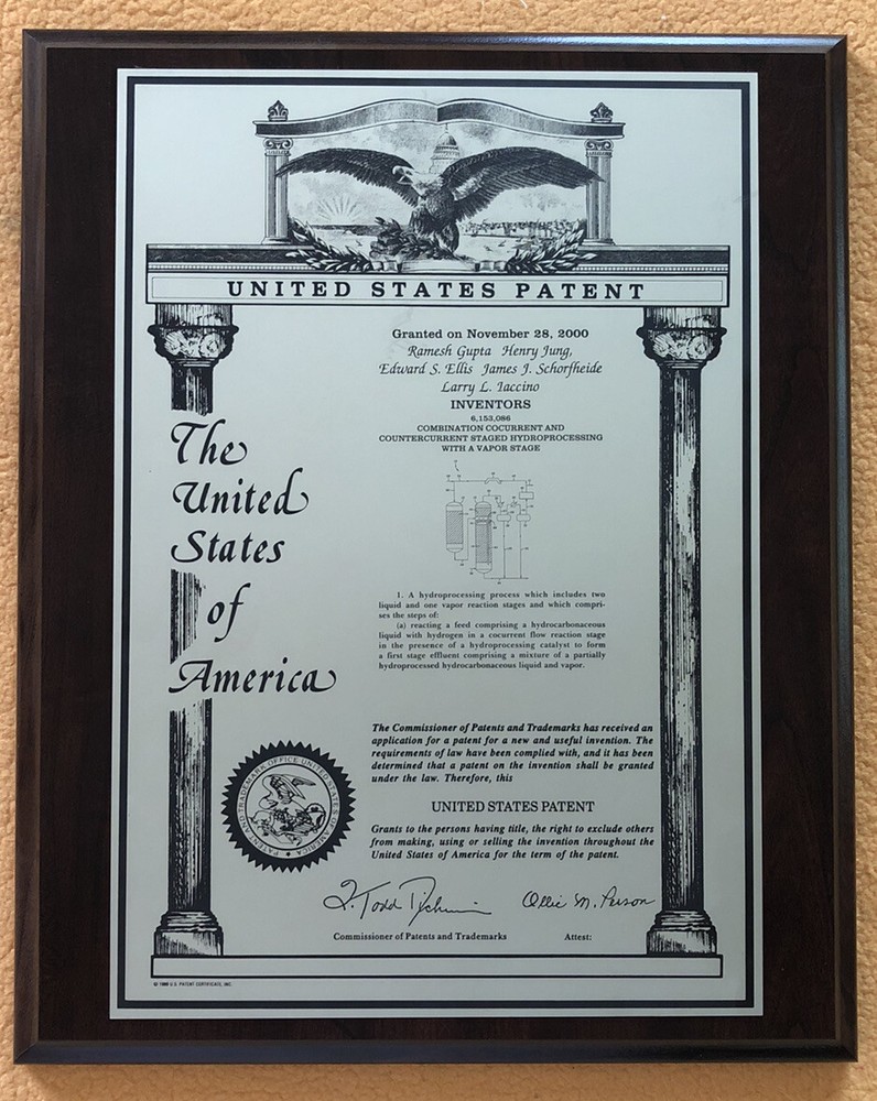 US Patent on Plaque Granted in 2000 for Hydroprocessing Process
