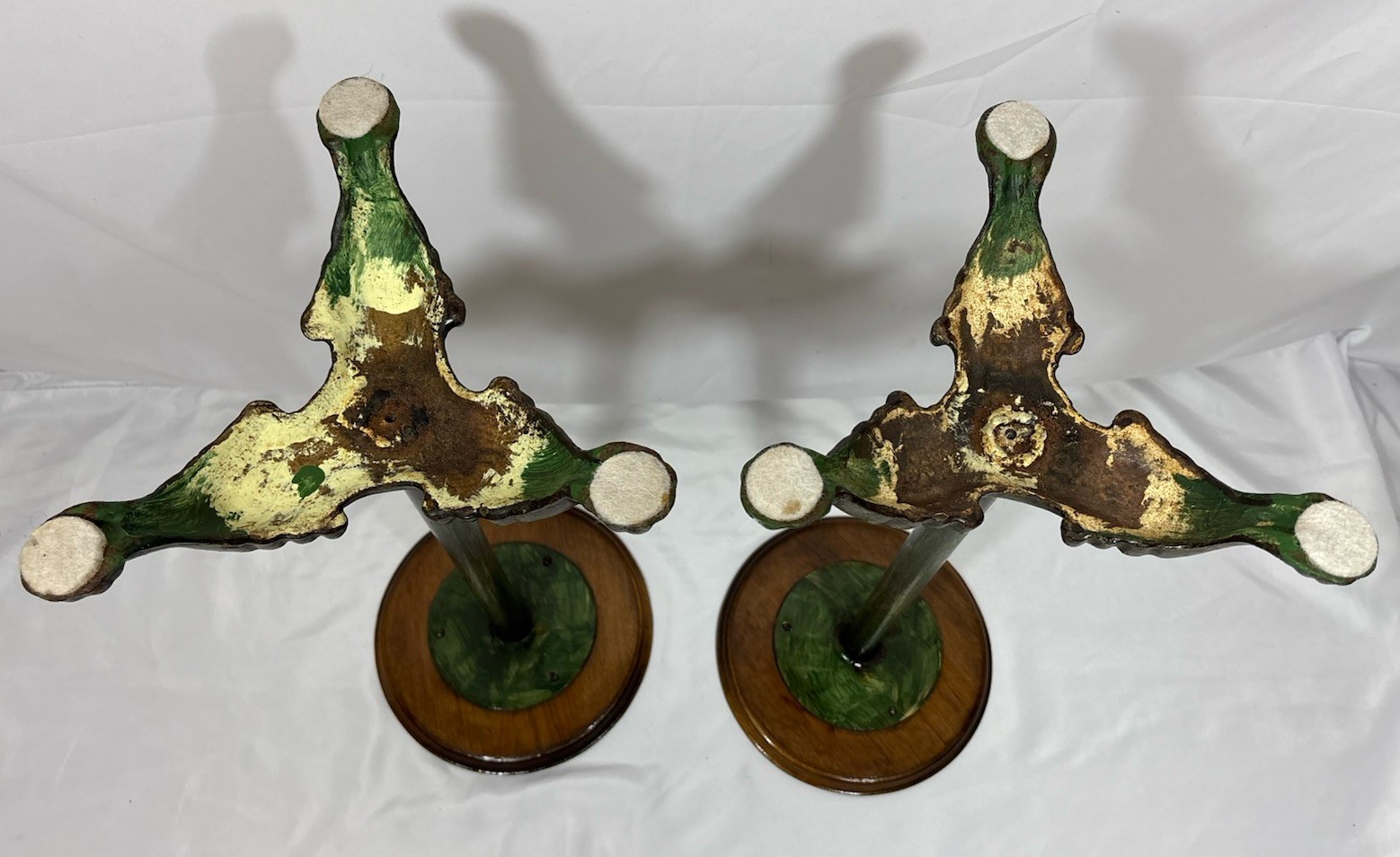 Antique Vintage Painted Green Cast Iron & Walnut? Wood Top Pedestal Plant Stand