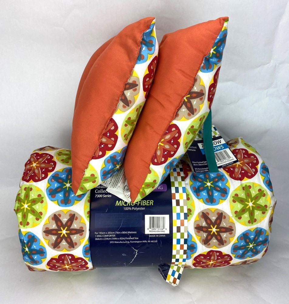 Floral King Comforter Set + 2 Throw Pillows Multicolor & Orange