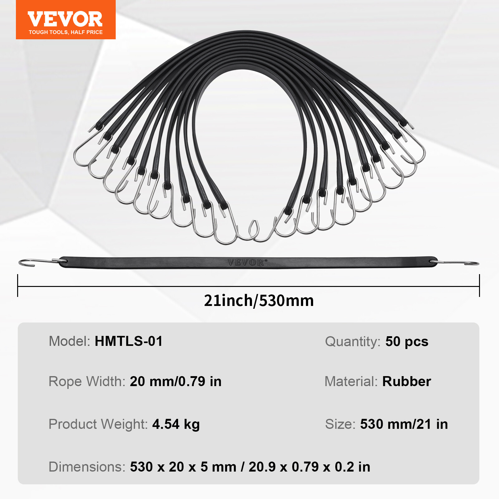 VEVOR 50 Pack 21" Bungee Straps Set Heavy Duty Rubber Bungee Cord w/S-Hook