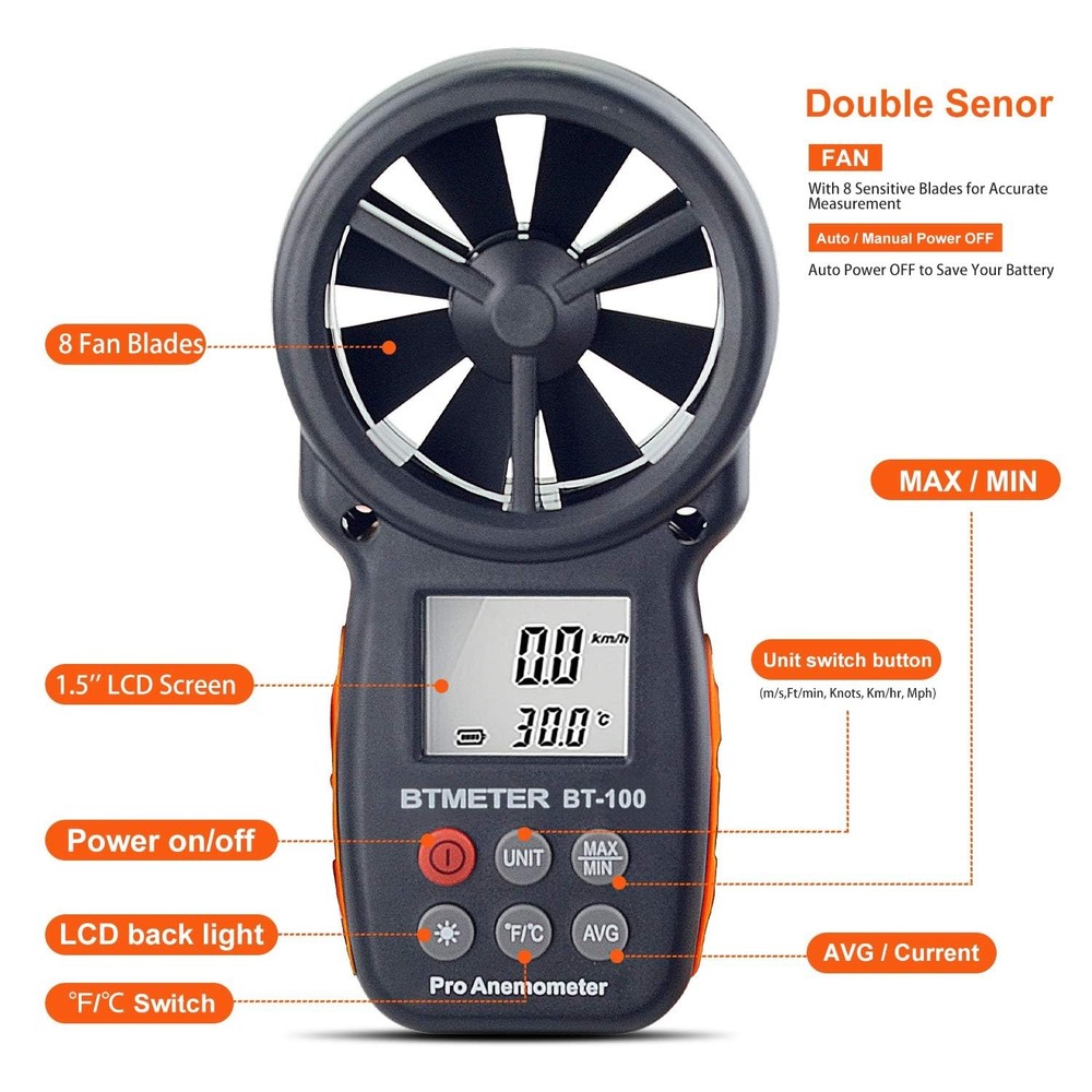 BTMETER BT-100 Handheld Anemometer, Wind Speed & Temperature Tester