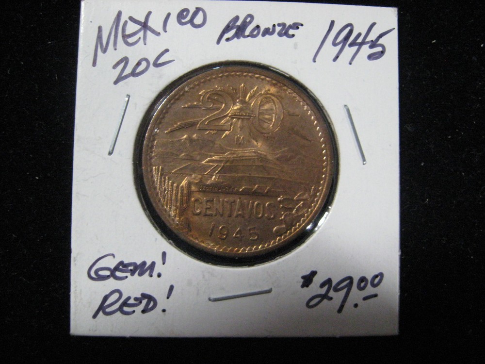 MEXICO 20 CENTAVOS BRONZE GEM RED 1945