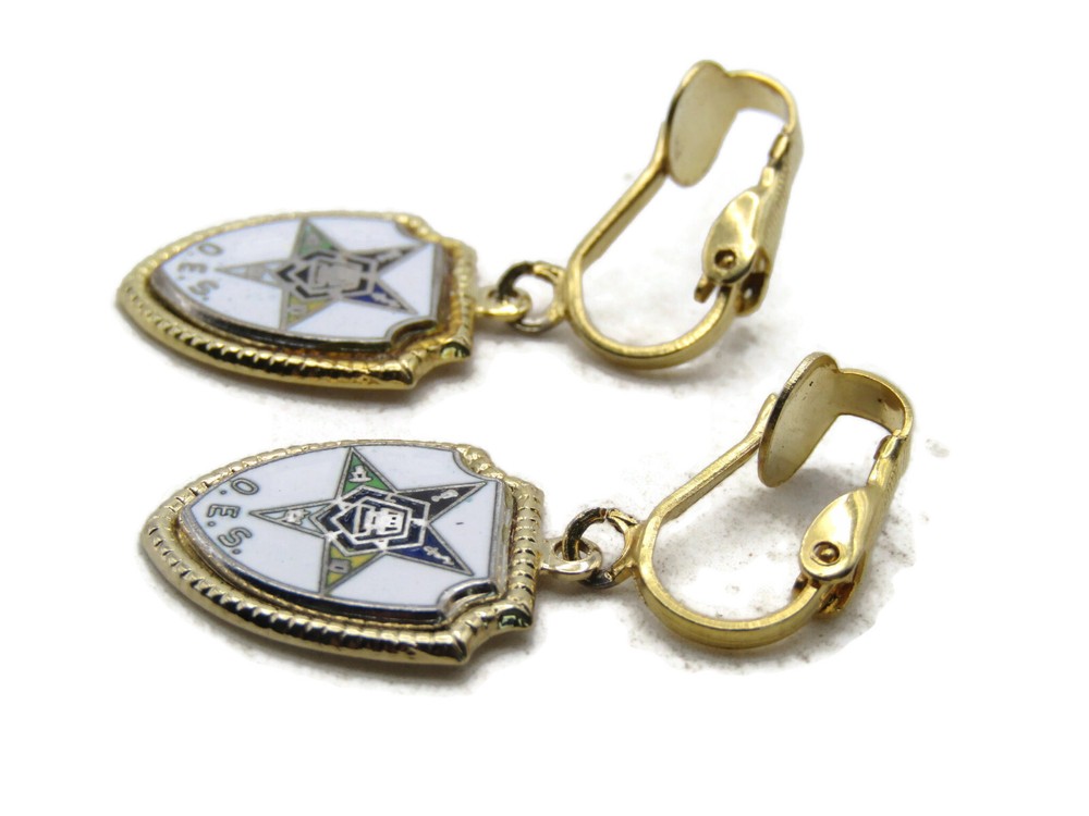 O.E.S. Lettered Crest Earring Set White & Gold Tone
