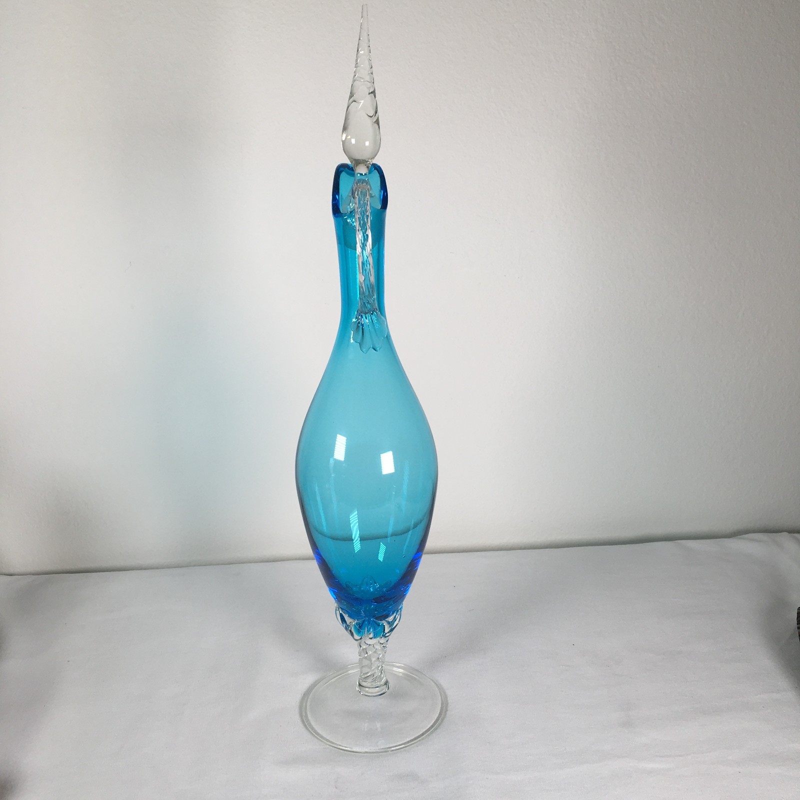 Vintage MCM Empoli Turquoise Glass Decanter w/Clear Flame Glass Stopper 20"