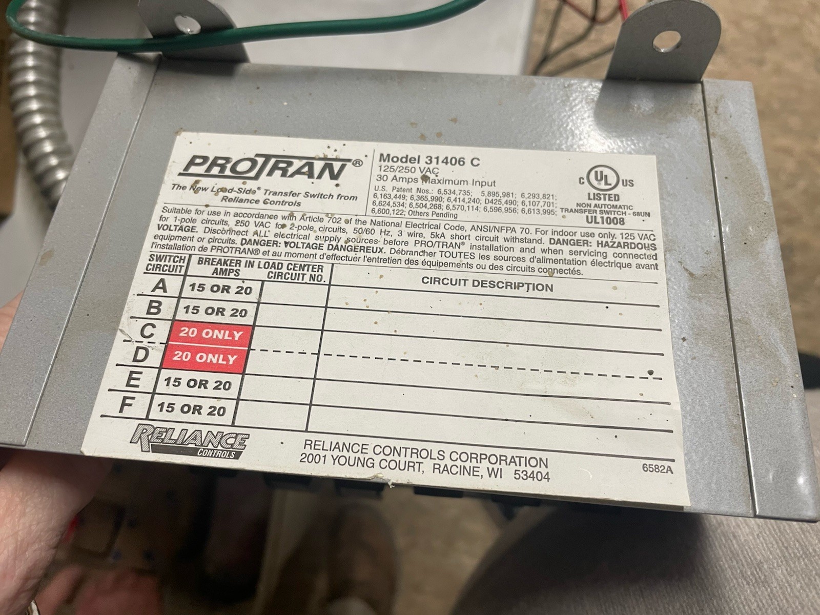 Reliance Controls ProTran Model 31406C Generator Transfer Switch