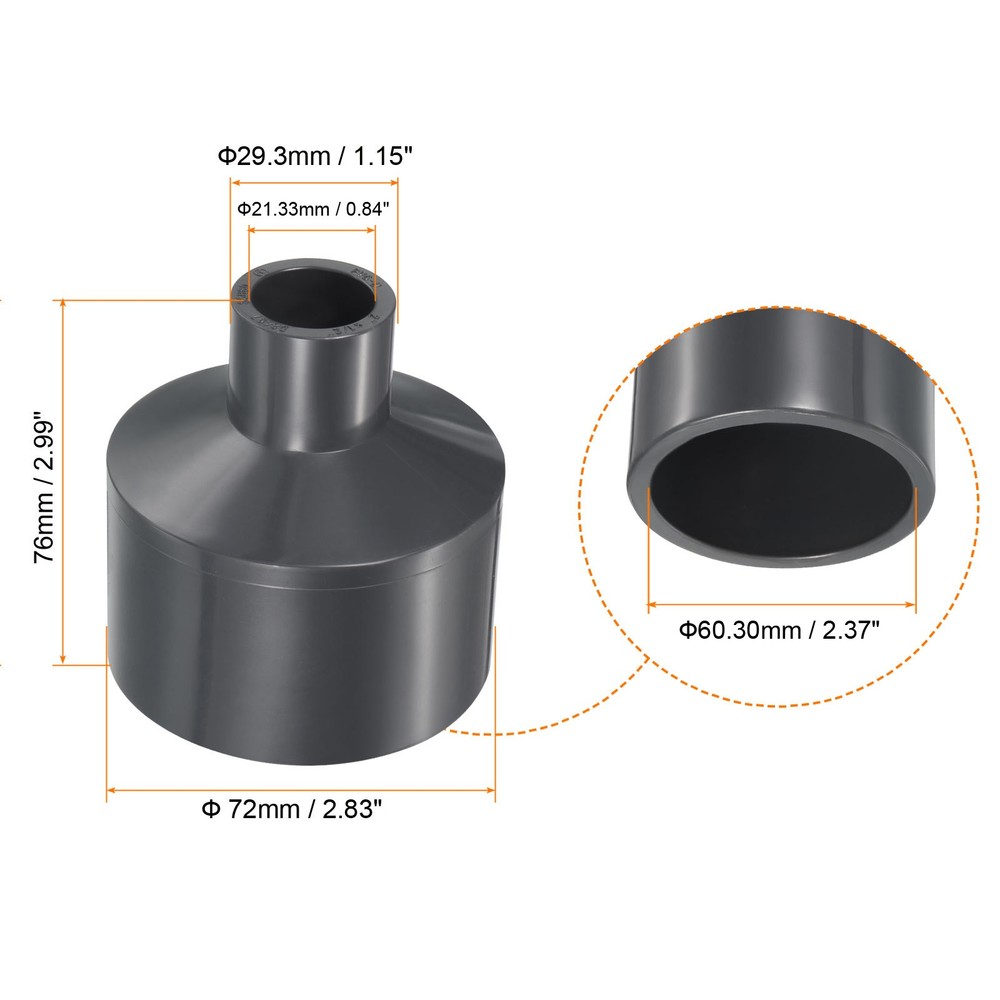 2 x UPVC Reducer Pipe Fitting 2"x1/2" Socket Schedule 80 Straight Gray