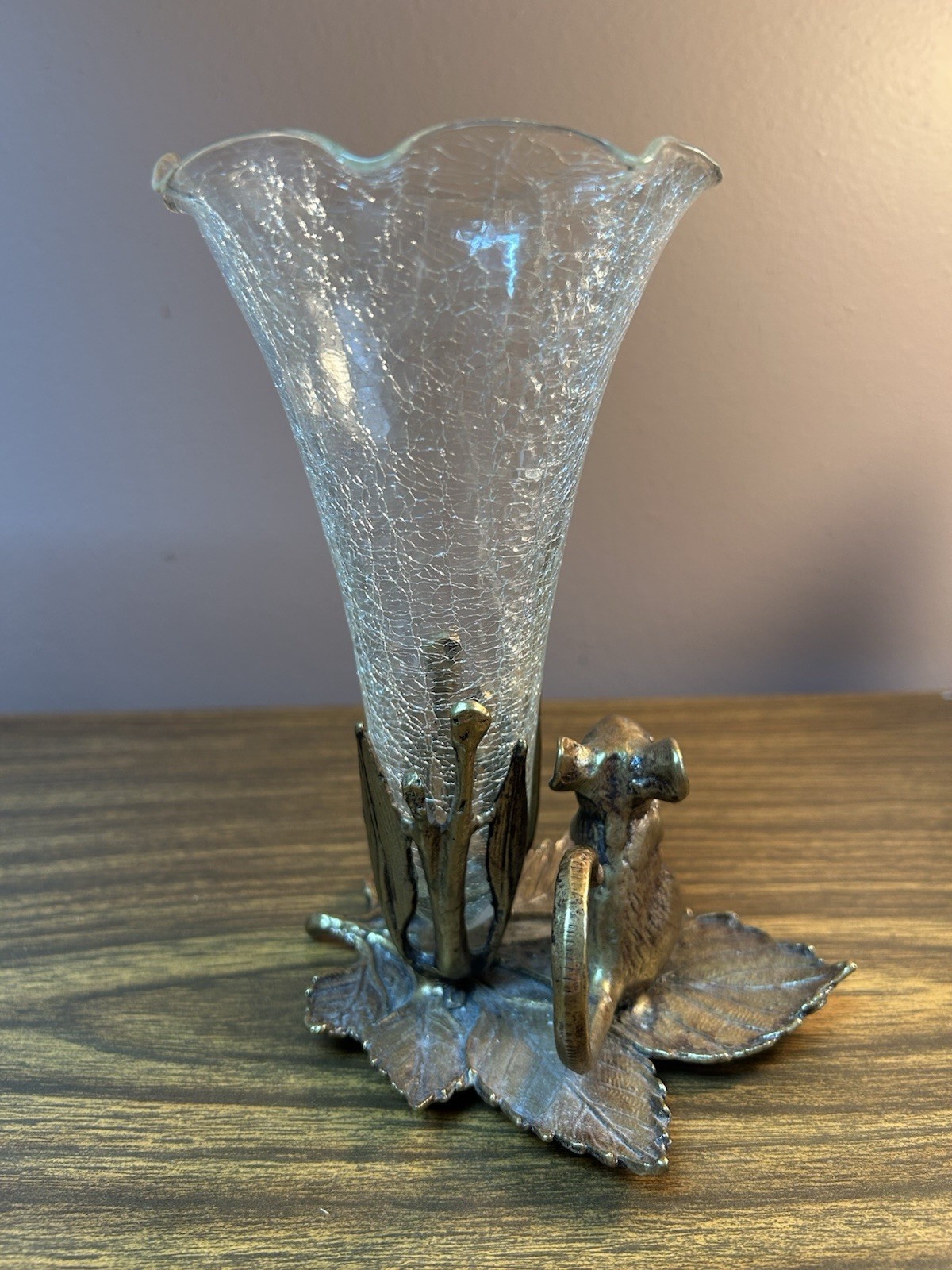 Vintage GATCO Solid Brass Mouse Bud Vase with Crackle Glass Insert