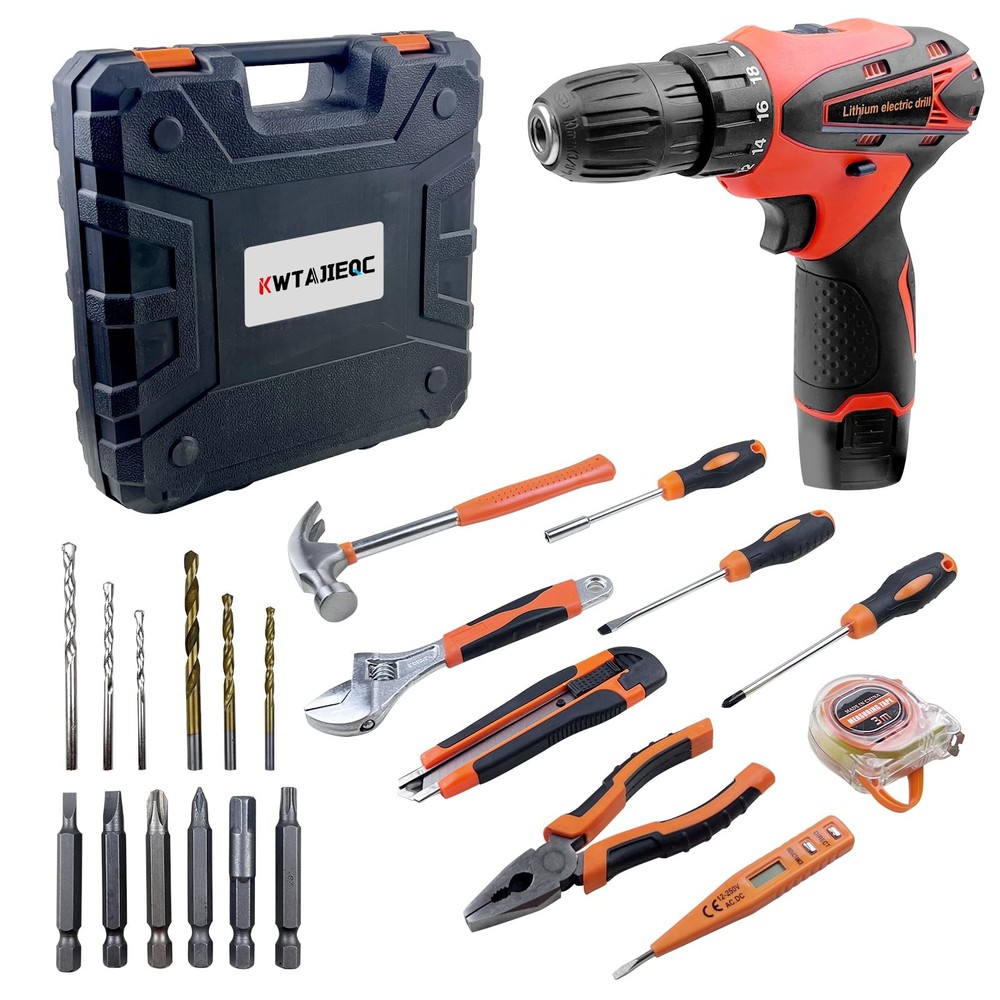 33 Picce Orange Tool Kit with 12V Cordless Drill, Box Drill Driver