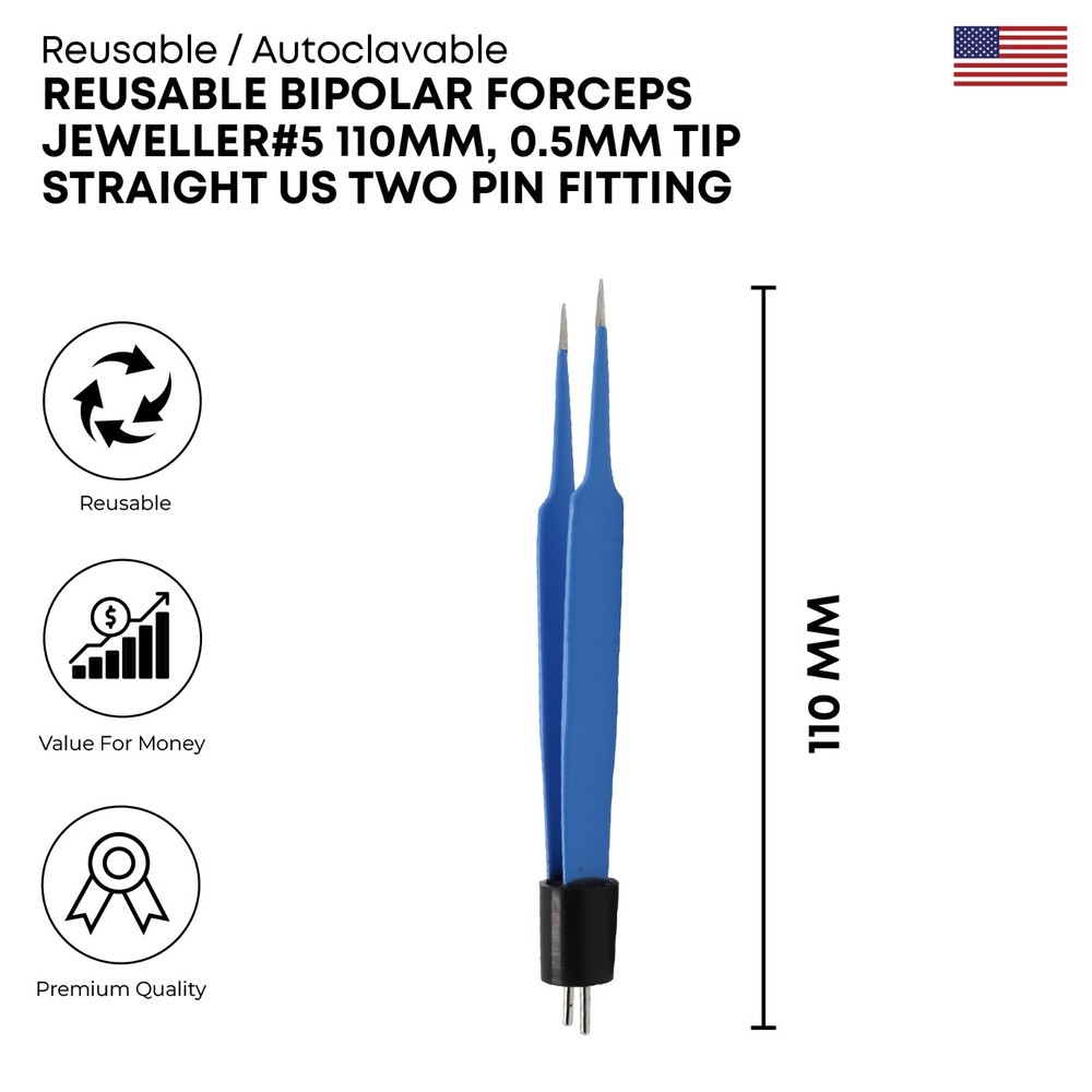 Bipolar Forceps Jeweller #5 110mm 0.5 mm Tip Straight US Two Pin Fitting