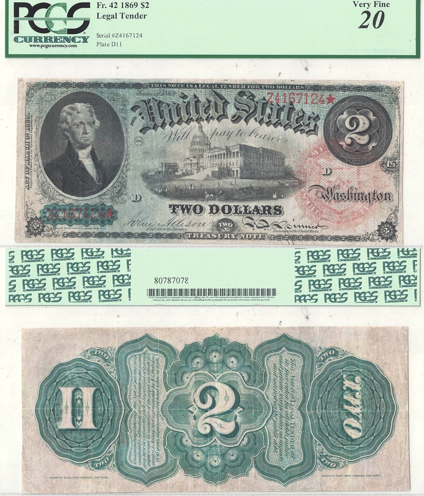 1869 $2 Legal Tender Fr-42 PCGS-20