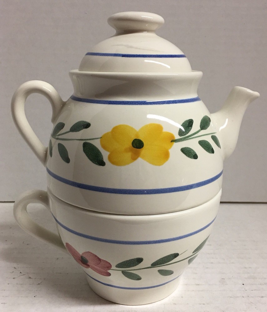 Beautiful Stackable Single Serving Tea Cup and Pot Hand Painted Made in Italy