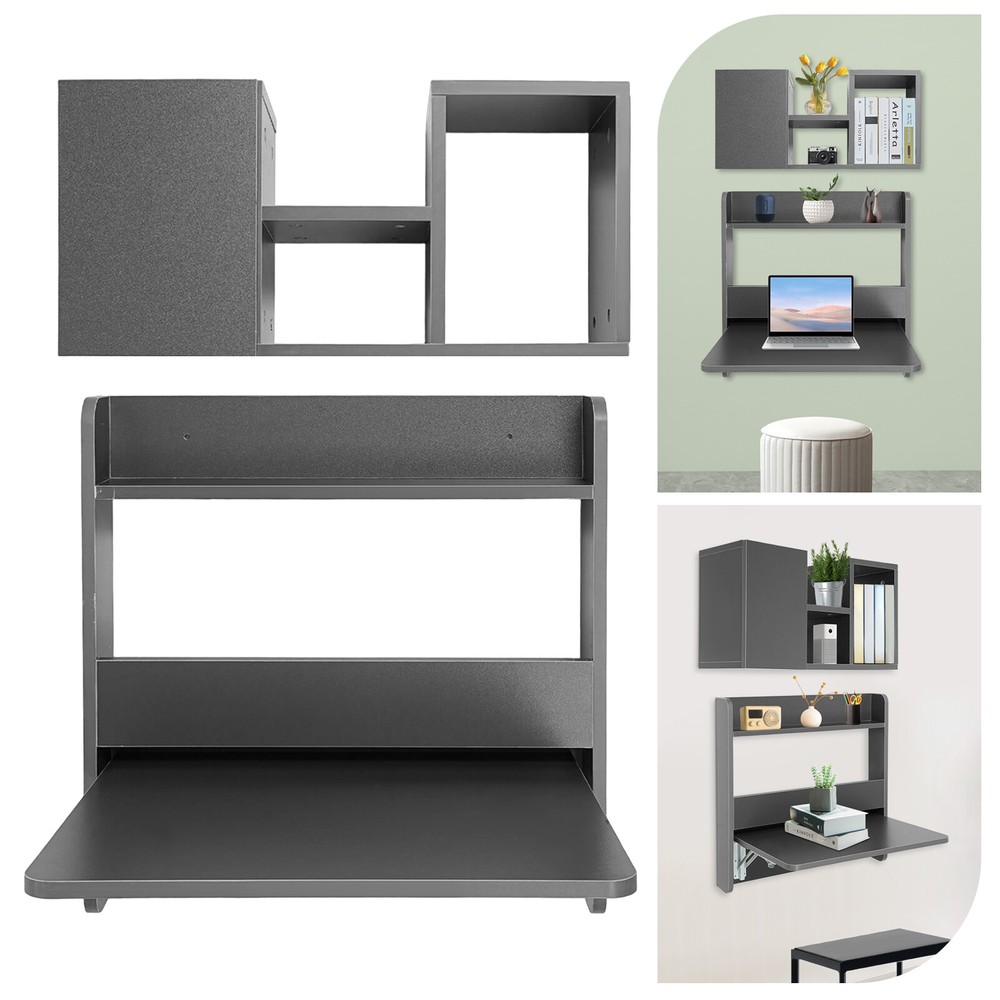 Folding Space Saving Wall Mounted Bookshelf Grey Down Laptop Desk Workstation