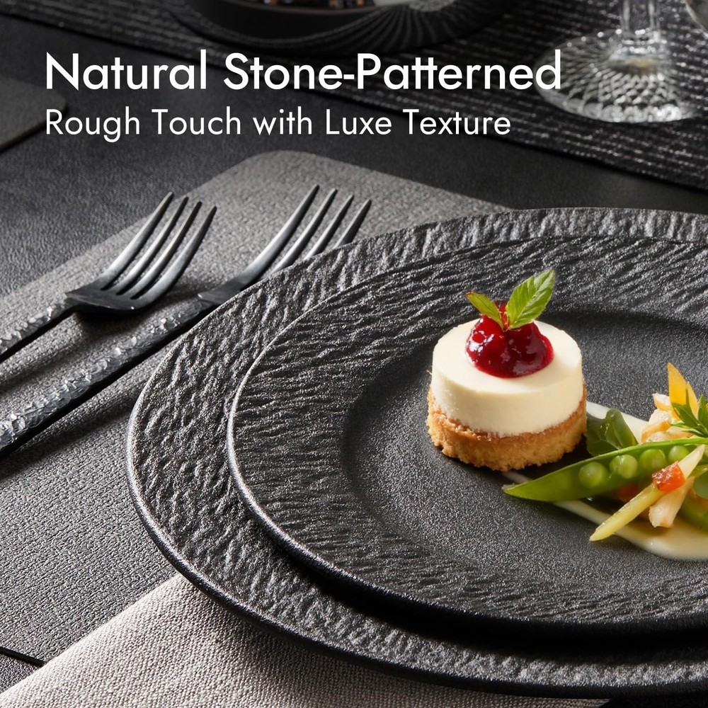 KINGSTONE Black Dinnerware Sets, 12-Piece Matte Marble Pattern Premium Porcelain