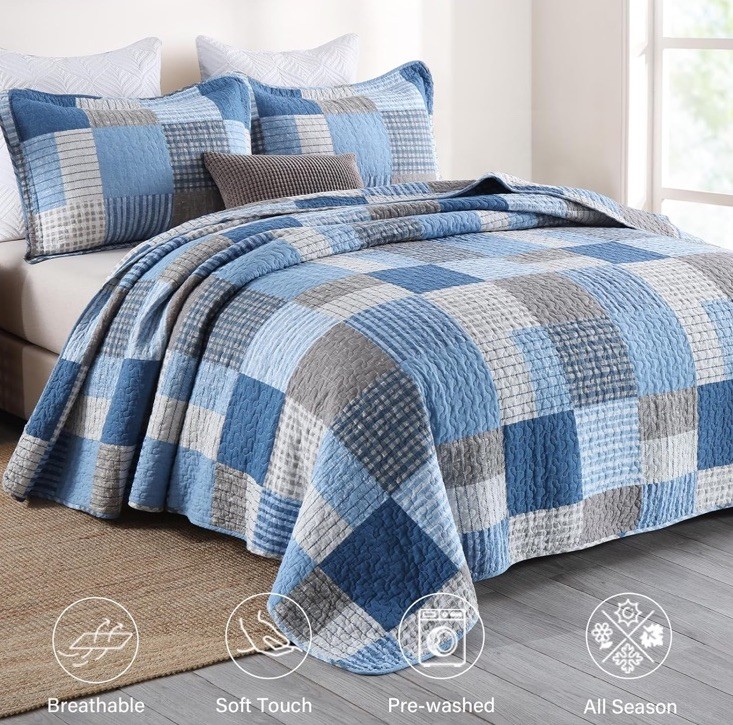 3-Piece Plaid Quilt Set Size, Lightweight Soft Full/Queen Blue White Plaid
