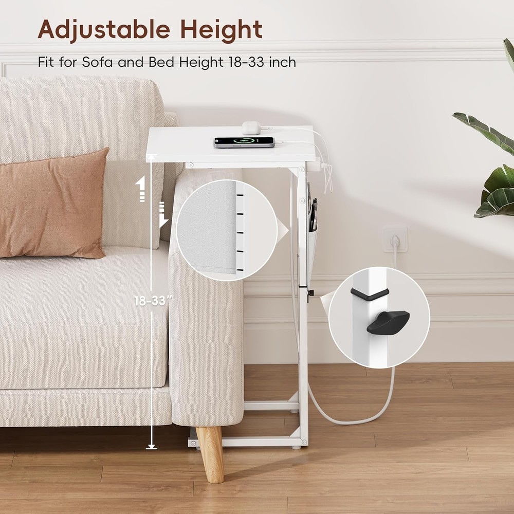 End Table W/ Charging Station Adjustable Height Side Table Couch Small C Shaped