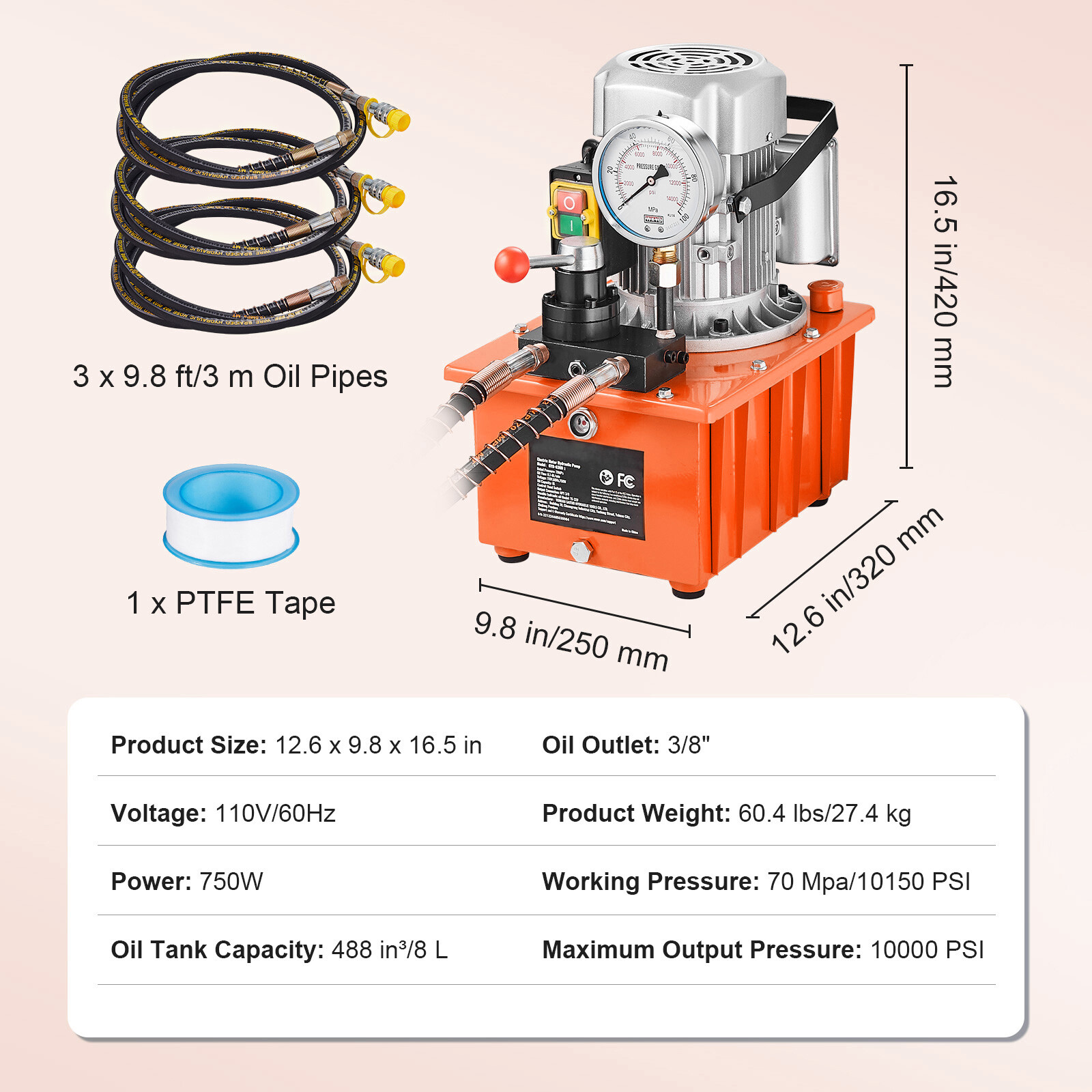 Electric Hydraulic Pump Double Acting Oil Pump 10000 PSI 8L Manual Valve