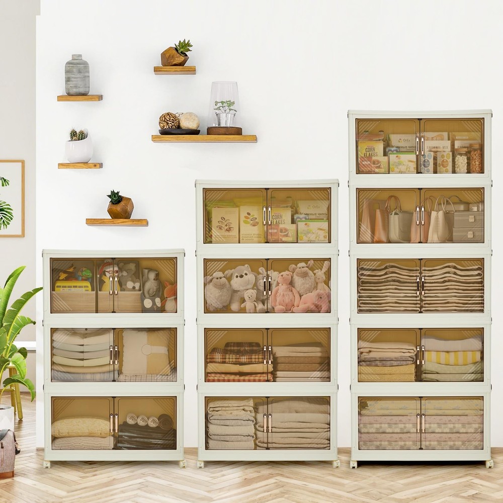 240QT Stackable Storage Bins, Folding Storage with Magnetic Doors & Wheels, L...