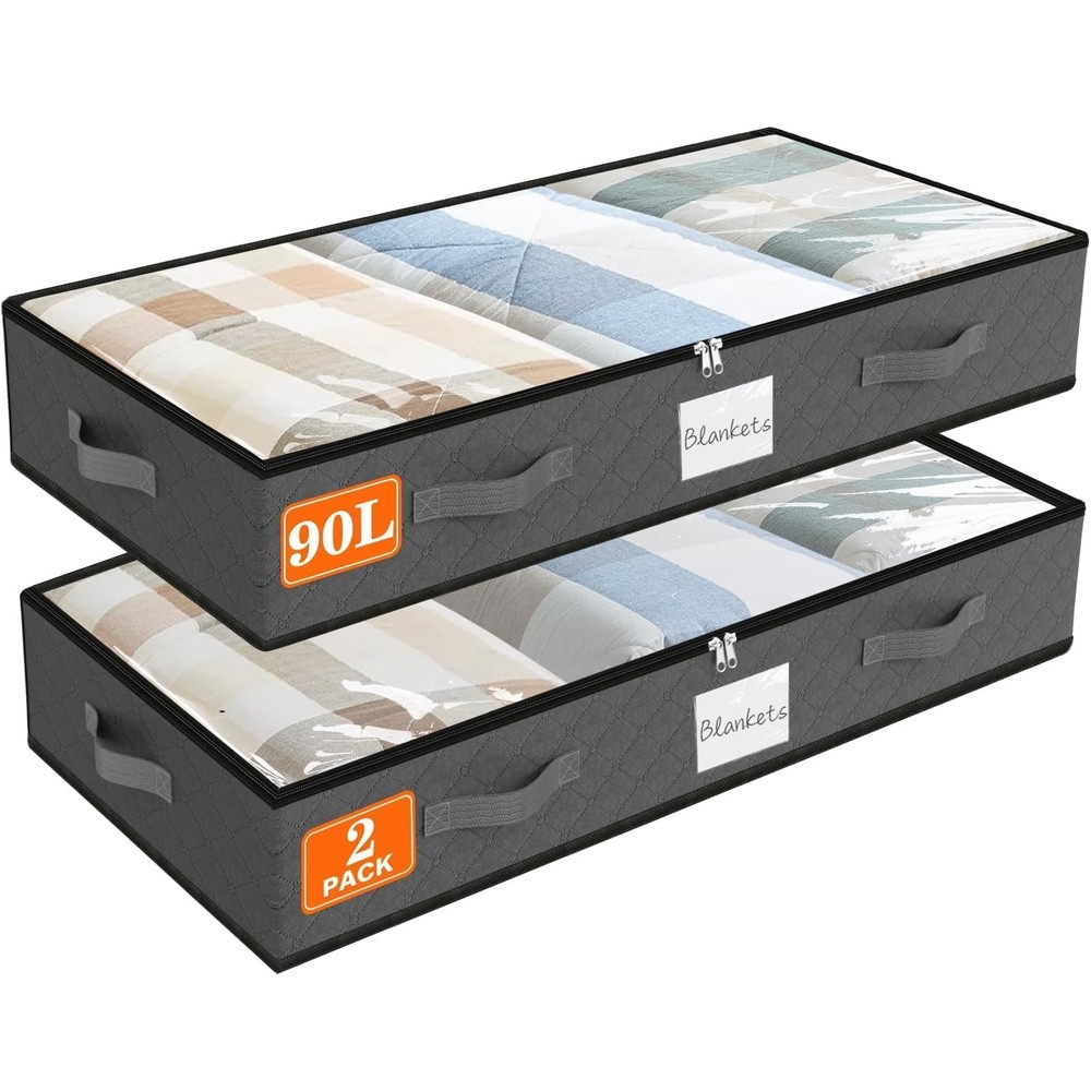 90L Under Bed Storage Containers, 2Pack Storage Bins with Clear Top, Foldable...