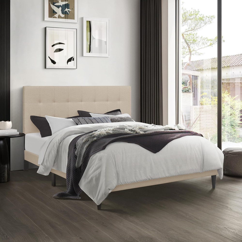 Evanston Queen Tufted Upholstered Platform Bed Frame in Beige Linen