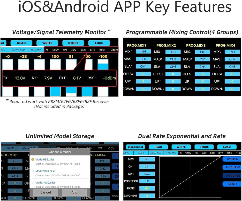 8 Channels 2.4GHz RC Remote Transmitter and R8EF Receiver APP Parameter Setup...