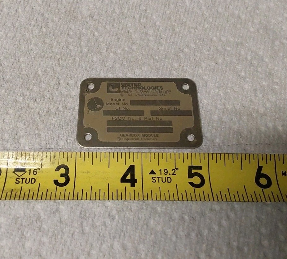 United Technologies Pratt & Whitney Blank Data Plate