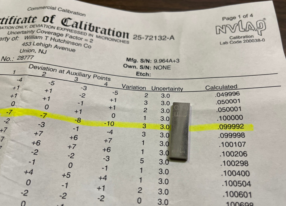 .100" Starrett-Webber Gage Block with certification