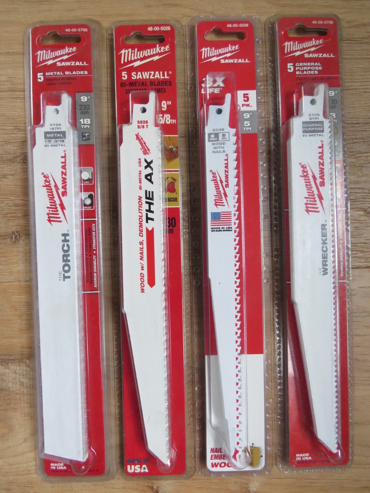 Lot of 4 Milwaukee Sawzall 9" blade 5 packs, #5036, #5706, #5026, & #5788