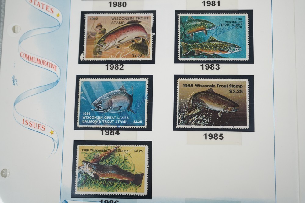 US 1970s-2010s COLLECTION OF 92 WISCONSIN STATE REVENUE STAMPS DUCKS & FISH