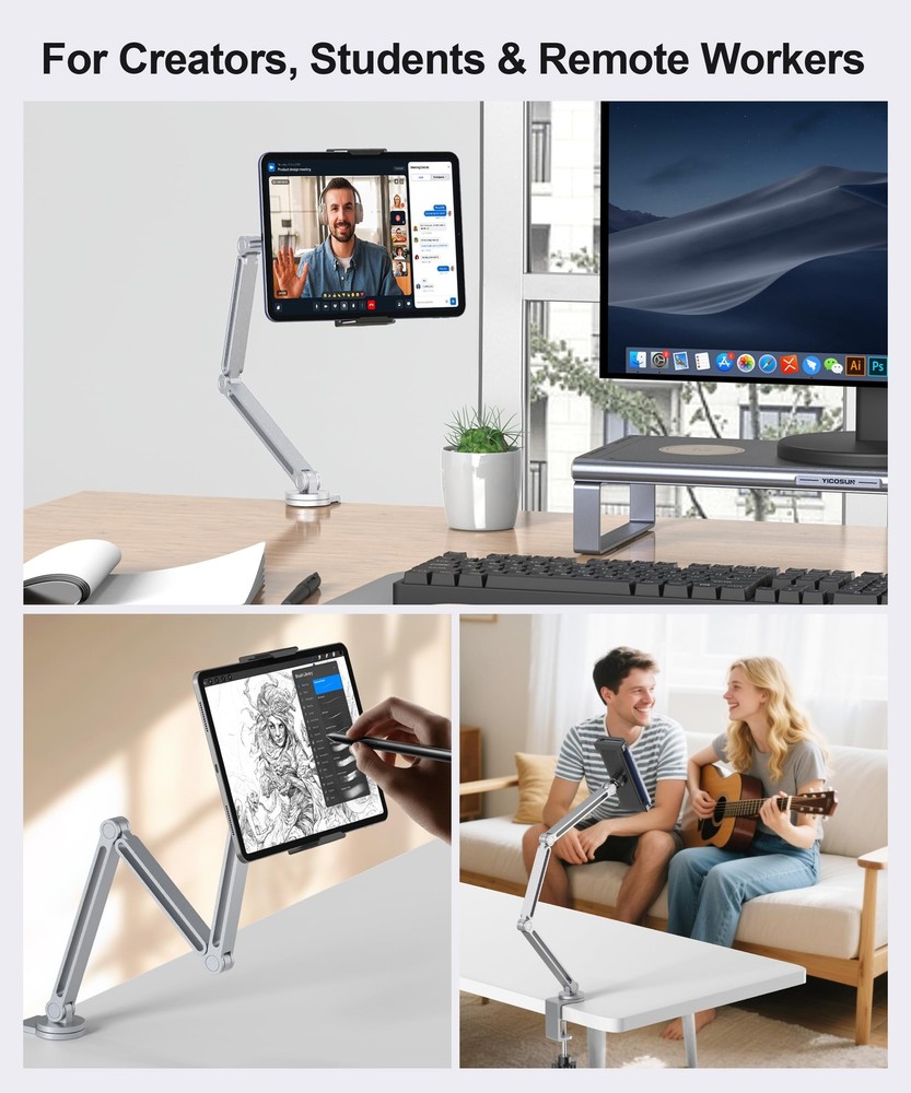 YICOSUN Tablet Arm Mount with Super Grip, Adjustable Foldable Holder & Silver