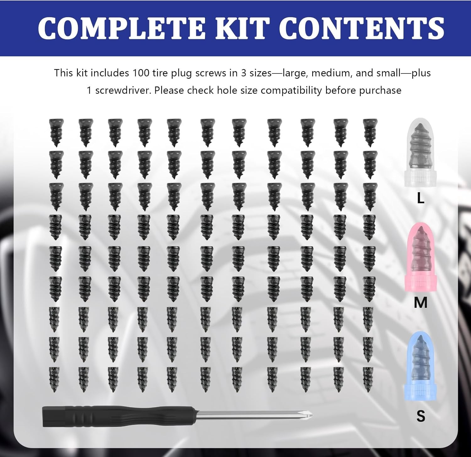 100PCS Tire Repair Screws Kit With Screwdriver 3 Sizes Rubber Plugs Flat Tires