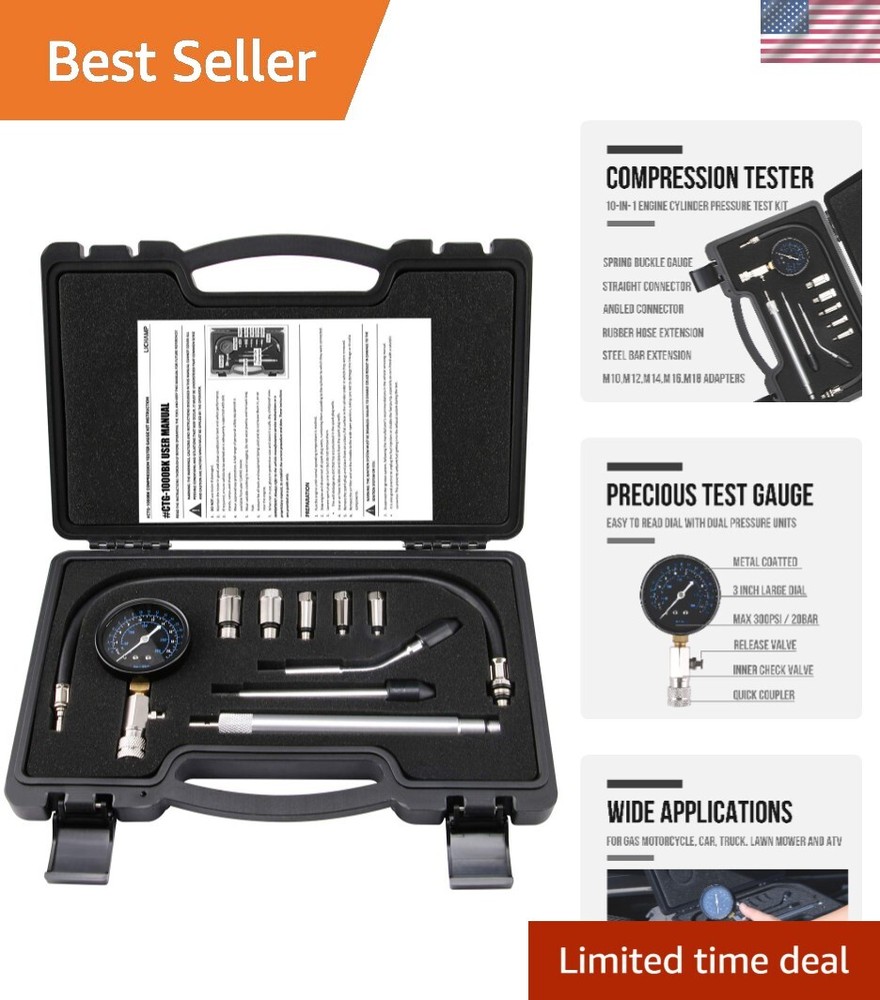 Universal 10-in-1 Engine Compression Tester - Gasoline Cylinder Pressure Kit