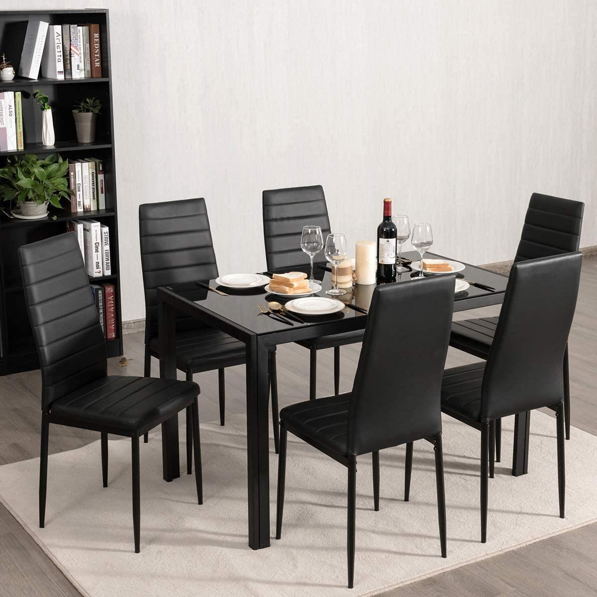 Set of 6 Dining Chairs Kitchen Restaurant Cushion High Back Metal Leg Black