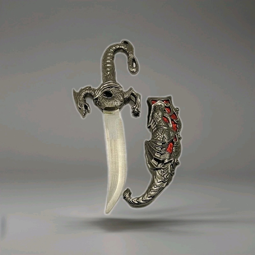 10" Fantasy Dragon Dagger That Features A Curved, Single Edged Blade (Red Inlay)