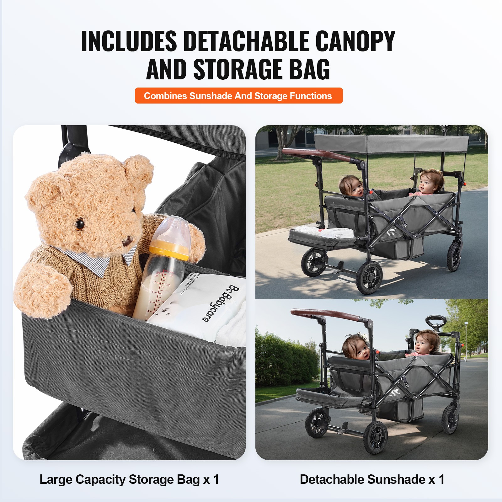 Wagon Stroller Collapsible Double Stroller for 2 Kids w/ Canopy Dark Grey