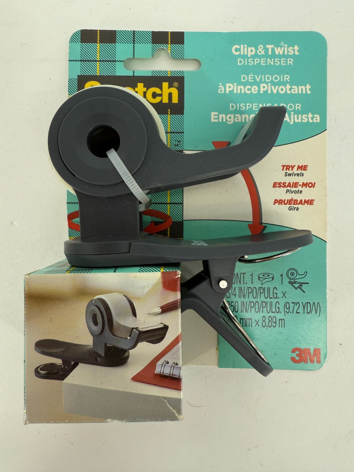 Scotch Clip and Twist Desktop Tape Dispenser Grey Portable Gray with 350" Tape