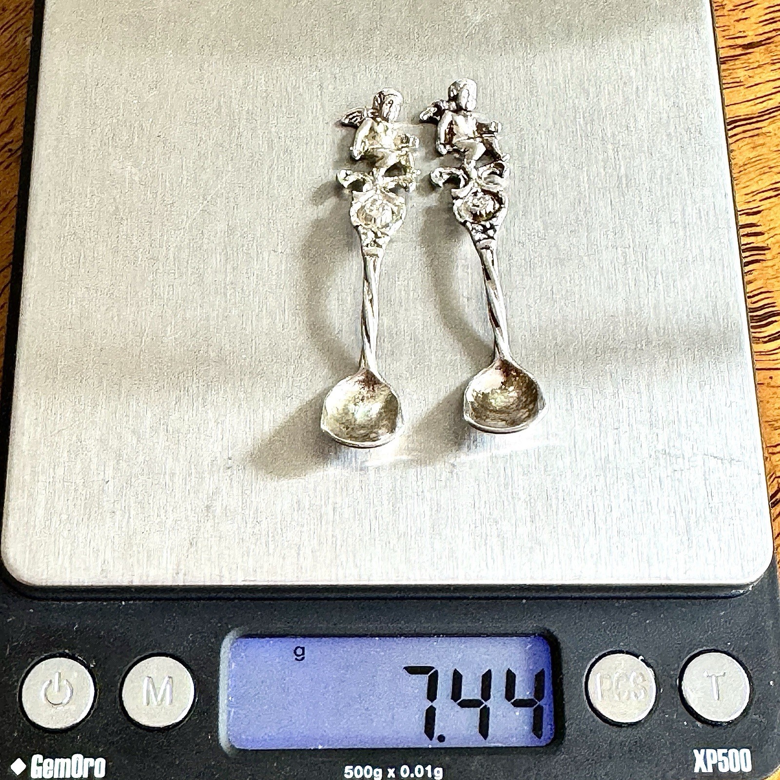 Pair 925 Sterling Salt Spoons Cherub Antique Angel Putti Snuff 7.4g Set of Two