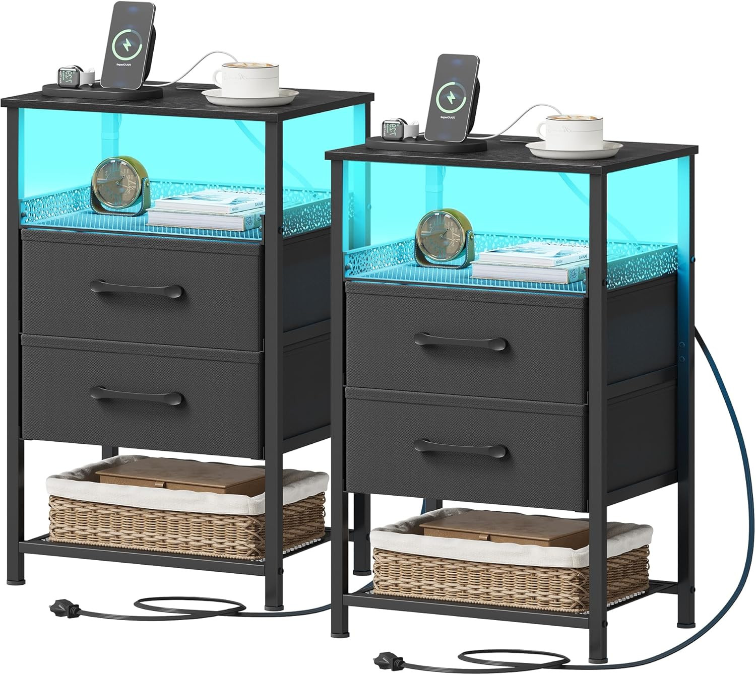 Nightstand Set of 2 with Charging Station, Night Stands with LED Lights, 26.4 In