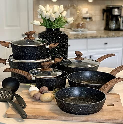 Induction Cookware Sets - 12 Piece Cooking Pan Set, 12 PCS Cookware Set Black