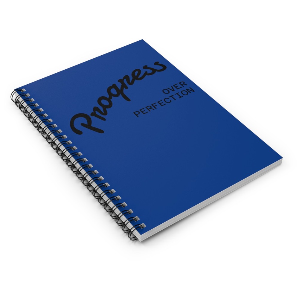 Progress Over Perfection | Blue Notebook | Spiral Ruled Journal | Inside pocket