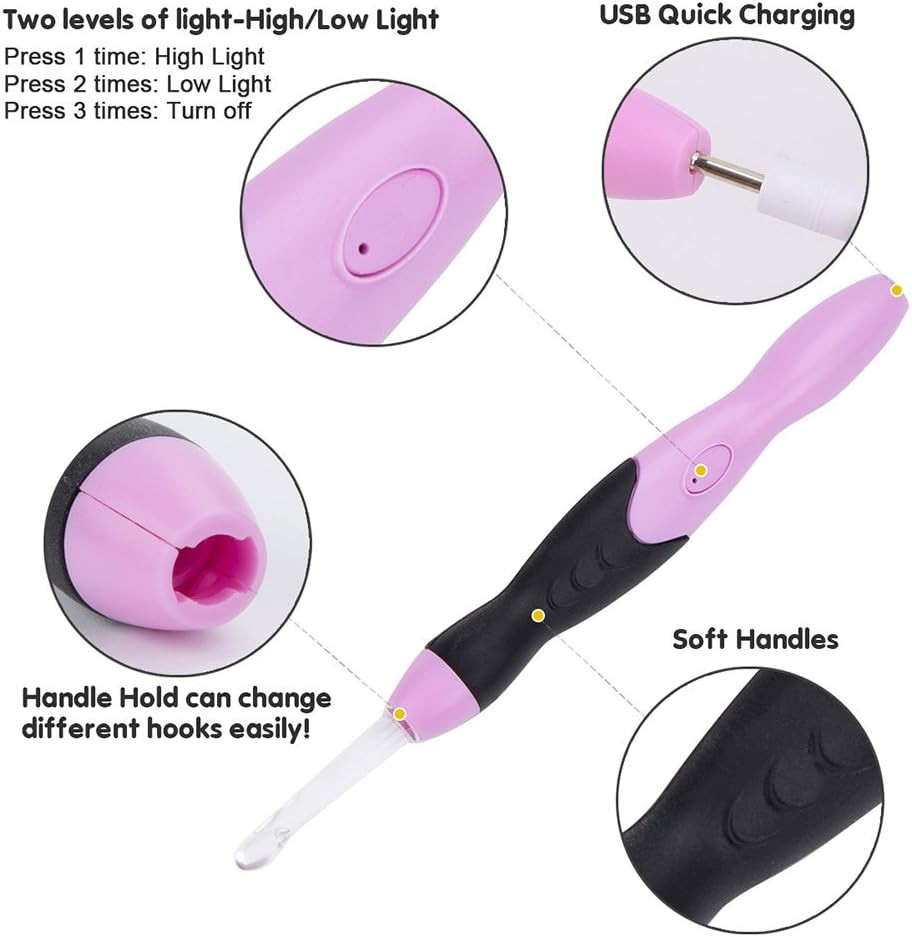 Crochet Hooks Lights Set with Case, Ergonomic Rechargeable Lighted Hooks,9 In...