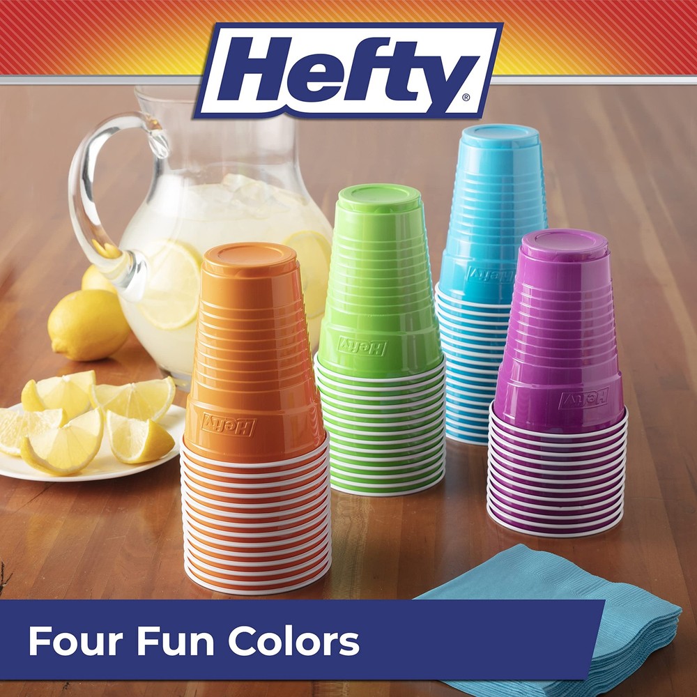 Hefty Party On Disposable Plastic Cups, Assorted, 100 count, Assorted Colors