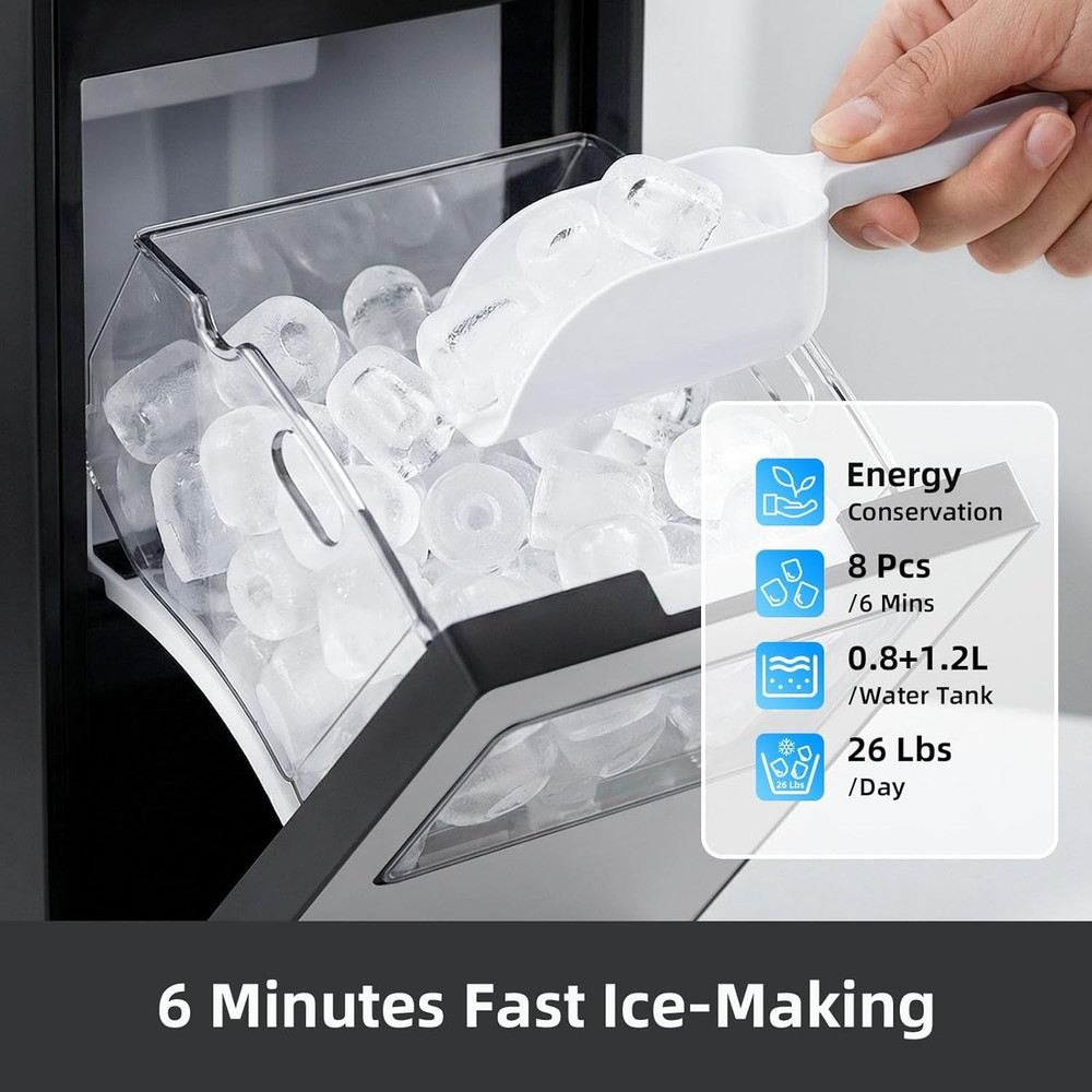 Ice Maker, Portable Ice Machine with Self-Cleaning Function, 8 Cubes in 6 Mins F