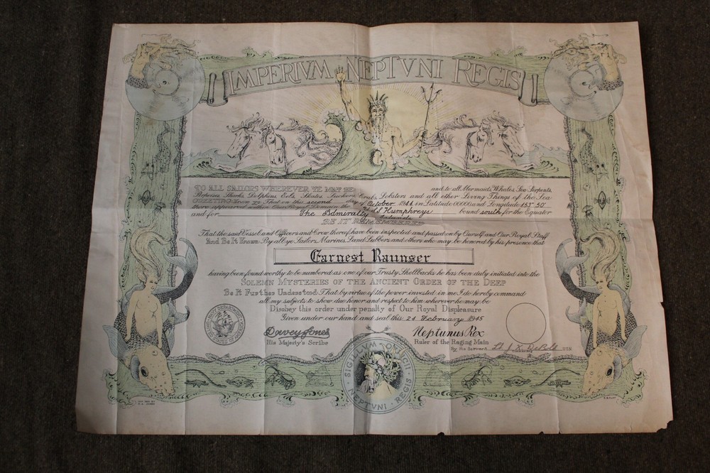 Original WW2 U.S. Navy Sailor's "Imperivm Neptvni Regis" Named Document, 1945 d.